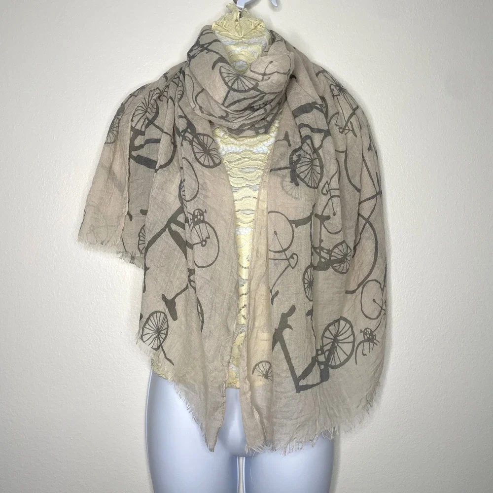 Scarf Womens OS Bicycle Print Lightweight Frayed Edge Parisian‎
